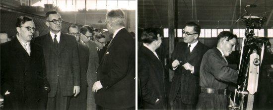 Rondleiding door de Gruno-fabriek in Uden op 13 maart 1953. Linkerfoto v.l.n.r.: J. Zijlstra (minister van EZ), Ae. Lankhorst en diens broer Teunis Lankhorst (als financieel directeur in het bedrijf gekomen). 